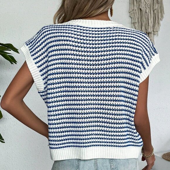 White Casual Women's Knit Mix Striped Round Neck Loose Knit Top - Picture 2 of 8